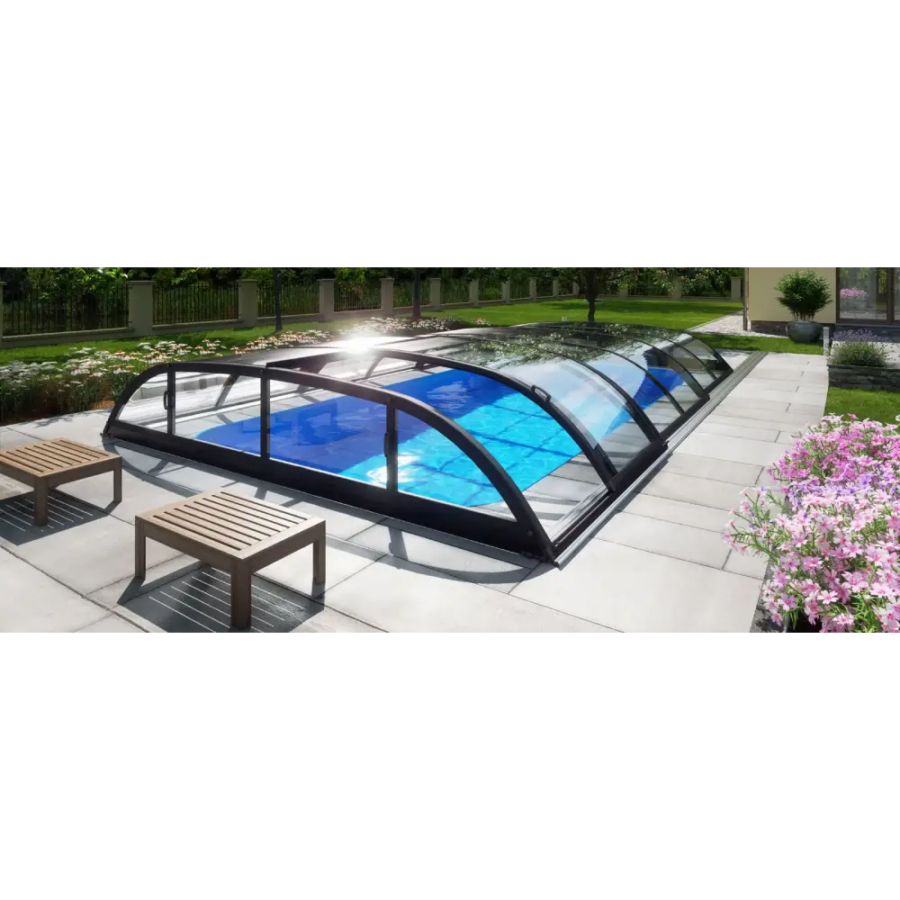 Pooltak Dallas 4x8 svart ramad valvigt glasöverdrag över blå pool